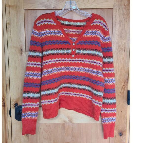 Jones Scandinavian Y2K Fair Isle Orange Sweater Lambs Wool Button V Neck MEDIUM - Picture 1 of 5